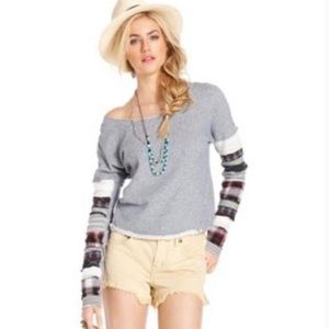 SHIRT - Women's We the Free Patchwork Sleeve Striped Gray Pullover. Size Medium